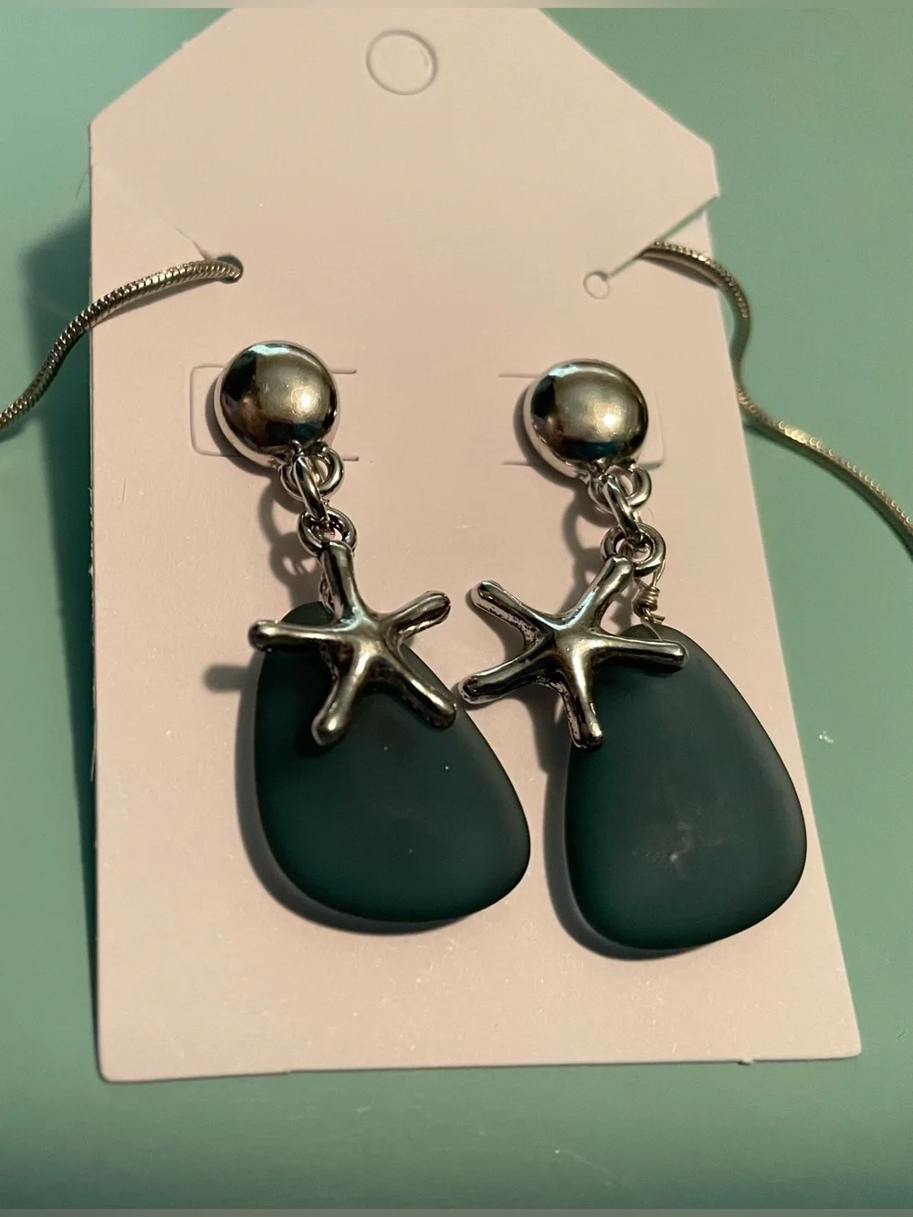 Dark Green Sea Glass Pendant Necklace and Earrings with Silver Starfish Accents